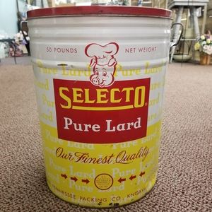 Vintage 50lb Metal Lard Bucket Tin Pig Knoxville red yellow Farmhouse Cou…